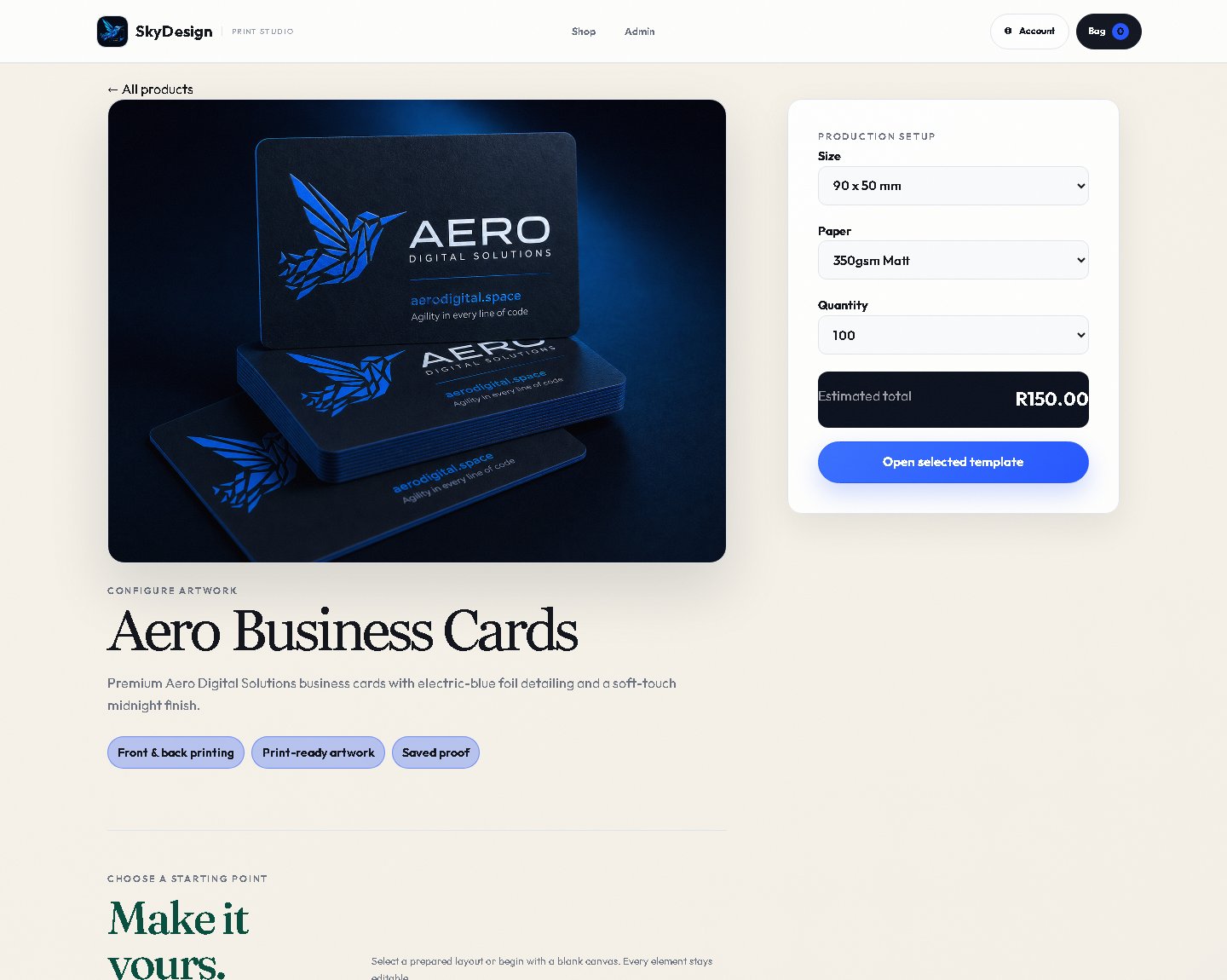 Real SkyDesign business card configurator showing size, paper and quantity controls